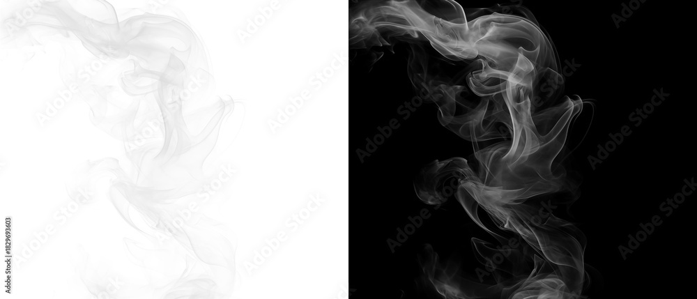 Fototapeta premium Black and white abstract smoke or vapor rising in two panels isolated on transparent background