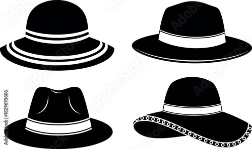 Black Silhouette Summer Hat Vector Icons Set, Elegant Broad-Brimmed and Sun Hat Graphics for Women's Fashion, Beach Vacation, and Travel Design