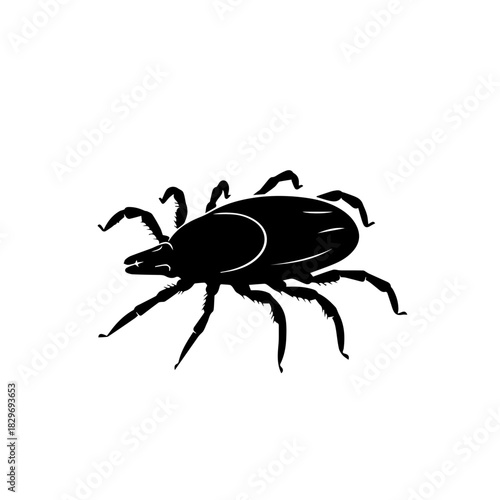 Black silhouette of a tick, a small parasitic arachnid, on a white background, often found in nature.