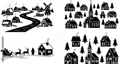 Black Silhouette Winter Village Scenes Vector Set, Christmas Townscape with Church, Houses, Santa Sleigh, and Snow Landscape Illustrations