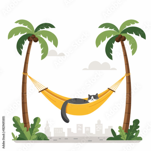Relaxing Cat in Hammock Between Palm Trees.