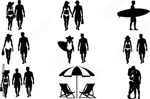 Black Silhouettes Vector Set of Summer Beach Activities Including Couple Walking in Swimwear, Surfers, Vacationers, and Relaxing Under a Striped Umbrella