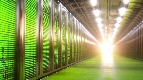 Tunnel of Green: A perspective view of an industrial tunnel, the walls adorned with vibrant green panels leading the eye towards a radiant light at the end, symbolizes progress and innovation. 