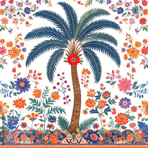 A tall palm tree stands gracefully, its fronds swaying gently above a vibrant array of colorful flowers and lush green leaves, creating a tropical paradise.