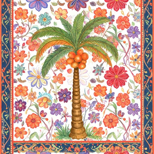 A tall palm tree sways gently, adorned with vibrant tropical flowers in shades of pink and yellow, surrounded by lush green leaves, creating a serene paradise.