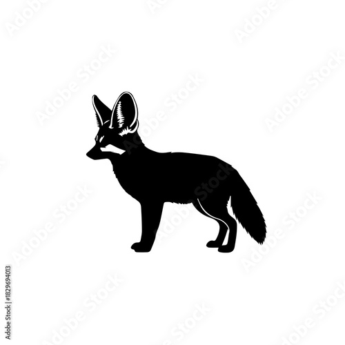 Black silhouette of a fennec fox with large ears standing sideways on a white background.