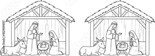Christmas Nativity Stable Scene Vector Outline Illustration, Mary, Joseph, and Baby Jesus in a Manger with a Donkey for Holiday Bible Story and Coloring Book