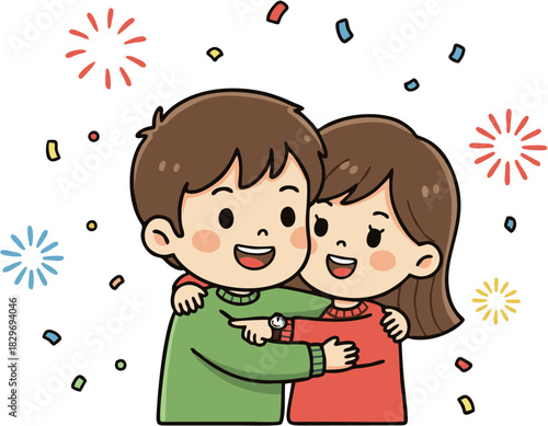 Joyful cartoon couple embracing amidst a festive shower of confetti and colorful fireworks, symbolizing happiness, celebration, and togetherness in a heartwarming moment
