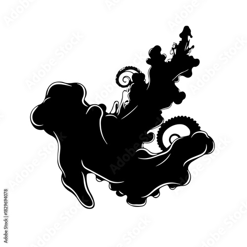 Abstract black ink blot with intricate mechanical gears and organic fluid shapes, creating a dynamic and complex silhouette.