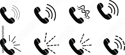Black Telephone Receiver Icons with Signal Variations – UI Symbols for Call Alerts, Notifications, Ringing, and Communication Interface Design