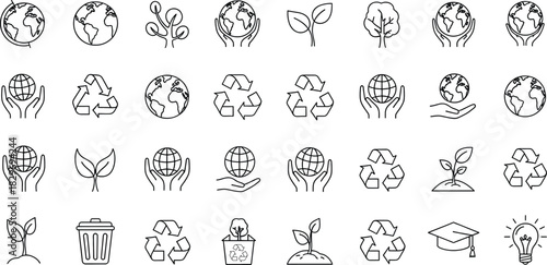 A grid of 35 black and white vector icons, each enclosed within an oval or rectangular shape. The icons depict a diverse range of objects and concepts, including plants, tools, abstract shapes