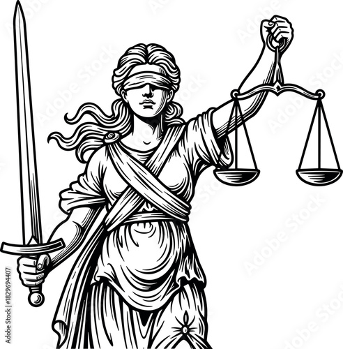 Engraved Lady Justice Vector Illustration, Detailed Black and White Line Art Drawing of Themis Holding the Scales and Sword for Law and Judicial System