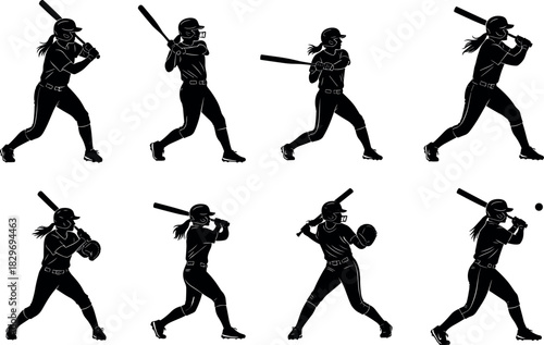 Female Softball Player Silhouette Vector Set, Women Hitting and Catching Baseball Batting Action Poses for Sports, League, Competition, and Athletic Graphics
