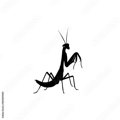 A striking black silhouette of a praying mantis standing upright on a clean white background, showcasing its distinctive form and predatory stance.