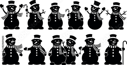 Funny Snowman Silhouette Vector Icons Set, Christmas and Winter Holiday Characters with Top Hats, Scarves, and Candy Canes for Festive Event Design Graphics