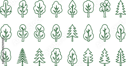 A collection of simple, hand-drawn style vector illustrations of different types of trees. The trees are depicted with green outlines and a subtle dashed background pattern. 