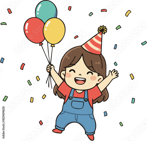 Joyful girl celebrating birthday with balloons and confetti, wearing a party hat and overalls