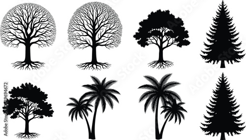 A collection of eight black and white vector silhouettes representing a diverse range of tree types. The set includes deciduous trees with intricate branch structures and visible root systems