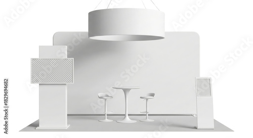 Minimalist all-white exhibition booth mockup with blank space display features