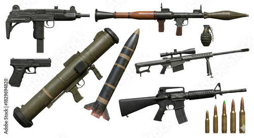 Array of modern military weaponry including firearms, launchers and munitions on transparent