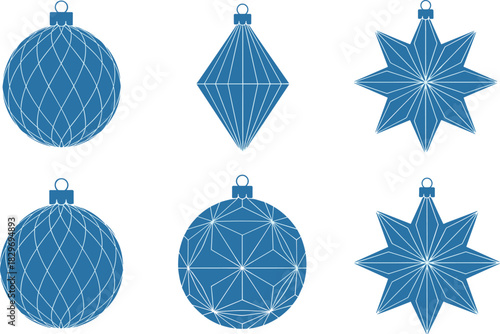 Minimalist Geometric Christmas Ornaments Vector Set, Star, Diamond, and Sphere Shapes with Intricate Wireframe Patterns for Modern Holiday Design Elements