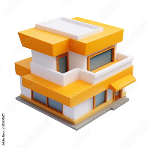 Isometric view of a modern building with orange accents on transparent background