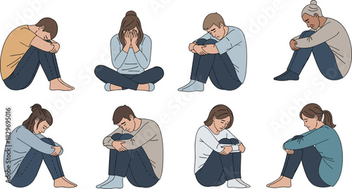 Sad emotional silhouette illustration, seated figures in distress, mental health concept, introspective posture, black vector, expressive mood design