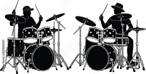 Drummer silhouette illustration, mirrored drum kits, musical performance, percussion icons, black vector, rhythm scene, energetic music duo