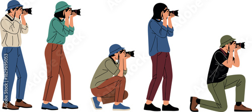 Professional Photographers Vector Set, People Taking Pictures, Press and Tourist Shooters Holding Cameras, Capturing Moments, Media and Hobby Illustration