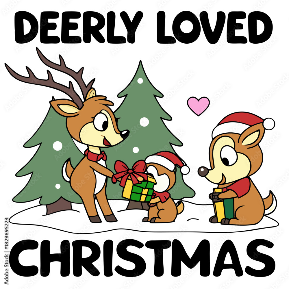 Fototapeta premium Dearly Loved Christmas Reindeer Family Vector Art – Cute Cartoon Deer Giving Presents, Holiday Season Greeting Card Design, Winter Animal Illustration, Merry Xmas Gift Exchange Concept, Fun & Festive