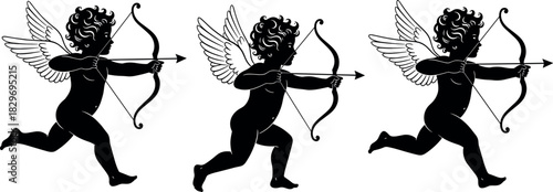 Running Cupid Silhouette Vector Illustration, Cherub Figure Aiming Bow and Arrow, Representing Love, Romance, Passion, Valentine's Day, and Heavenly Celebration Graphics