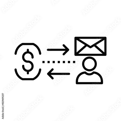 Money transfer with email, isolated on white background