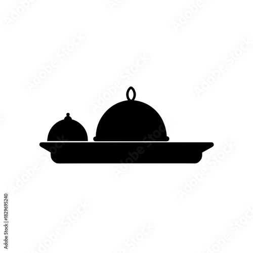 Silhouette of two covered dishes on a serving tray on transparent background