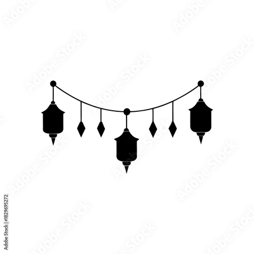 Hanging lanterns and diamonds in black and white on transparent background silhouette