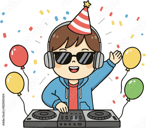 Joyful cartoon character DJ mixing tracks at a vibrant party, surrounded by balloons and festive confetti