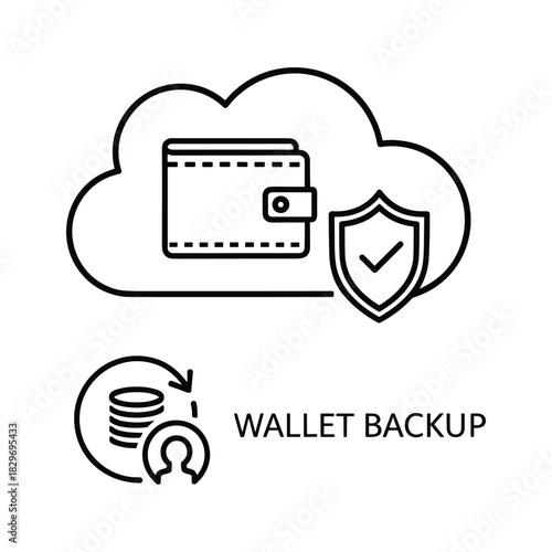 Wallet backup in cloud with shield isolated on white background concept