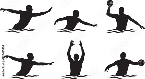 Water polo players and swimmers silhouettes vector set, various poses in activity.