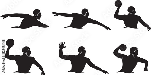 Water polo player action silhouette vector set, dynamic swimming and ball play