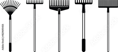  Garden Rake Set Vector Silhouette Icons Collection, Essential Farming and Lawn Care Equipment Tools for Agriculture and Yard Work Maintenance
