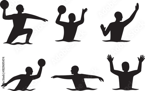 Water polo player silhouettes showcasing different game actions and poses