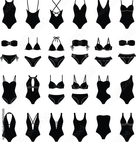 Vector set of women's swimwear silhouettes and bikini icons, scalable black one-piece and two-piece swimsuit EPS files for commercial designers