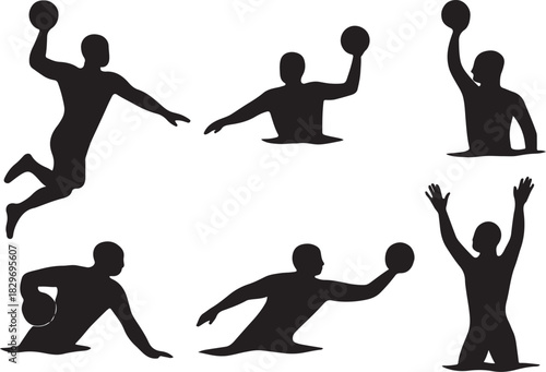 Water polo player silhouettes in various action poses, sports vector set