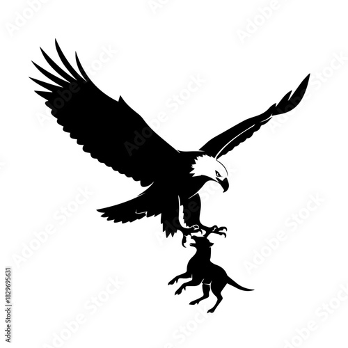Black silhouette of a majestic bald eagle with outstretched wings carrying a small dog in its powerful talons against a white background.