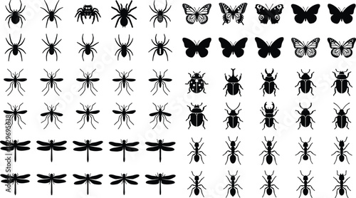 Vector collection of diverse insect silhouettes including spiders, butterflies, beetles, dragonflies, ants, and mosquitoes for detailed graphic design and commercial use