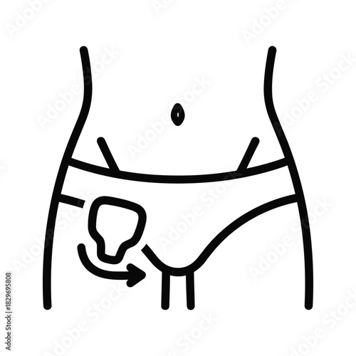 Line icon representing female pelvic organ prolapse or bladder issue with rotation arrow, isolated on