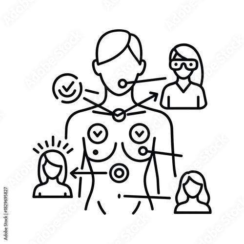 Line icon illustration of female patient receiving medical consultation and checkup for body symptoms or health condition