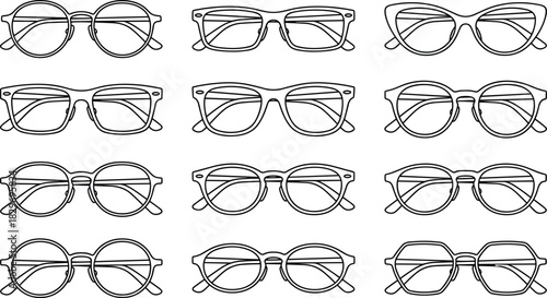 Stylish eyewear frames vector set featuring round, square, cat-eye and wayfarer silhouettes arranged in seamless pattern for fashion design branding