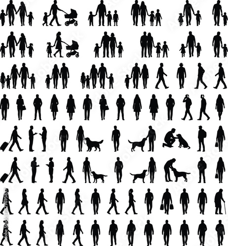 Seamless vector pattern of diverse human silhouettes, families, couples, walkers, pedestrians, children, seniors, and dogs for urban lifestyle design background