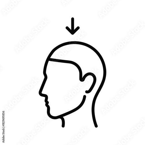 Simple line icon illustration of a human head profile with a downward arrow indicating pressure or impact from above, isolated on
