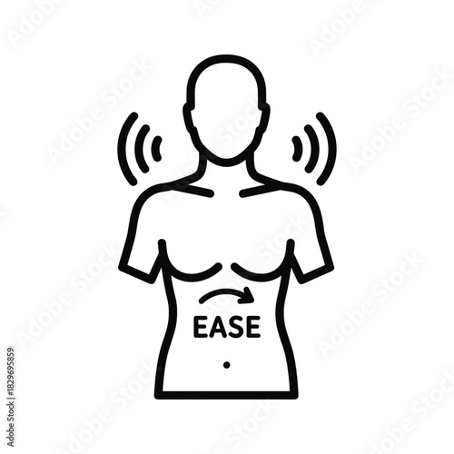 Icon representing torso with radiating sound waves and an arrow indicating ease or relaxation in the abdominal area